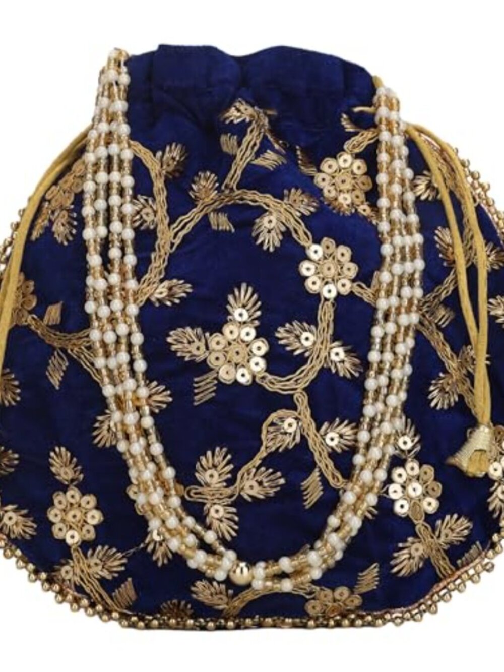 Embroidered Silk Potli Bag with Pearl Handle Drawstring Clutch